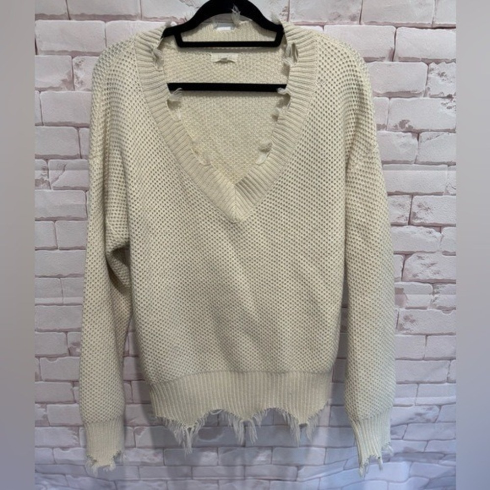 LA MIEL Distressed V Neck Knit Sweater Cream M L Loose Weave Fringe